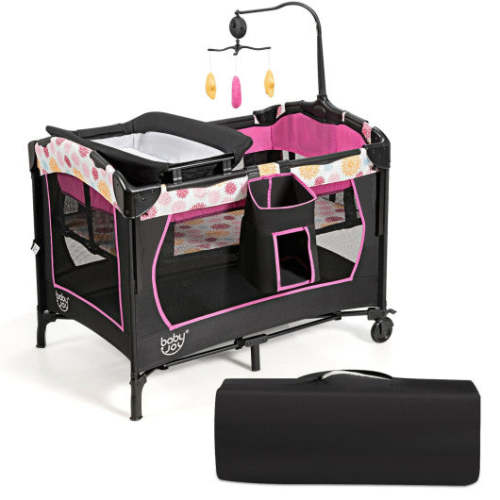 COSTWAY 3-in-1 Convertible Portable Baby Playard With Music Box and Wheel and Brakes-Pink