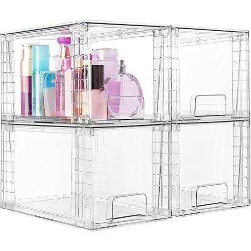Clear Plastic Stackable Storage Drawers Bins, Perfect for Kitchen Pantry Organization and Storage, Under Sink Organizer, Pull Out Cabinet Organizer, Makeup, Bathroom Storage Containers for Organizing