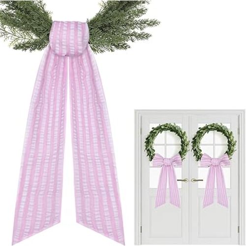 Pink Wreath Sash for Front Door - 2 Pcs Seersucker Stripe Sashes for Wreaths Window Wall Porch, 60 Inch Plain Wreath Sash for Wedding Baby Shower Yard Home Decor