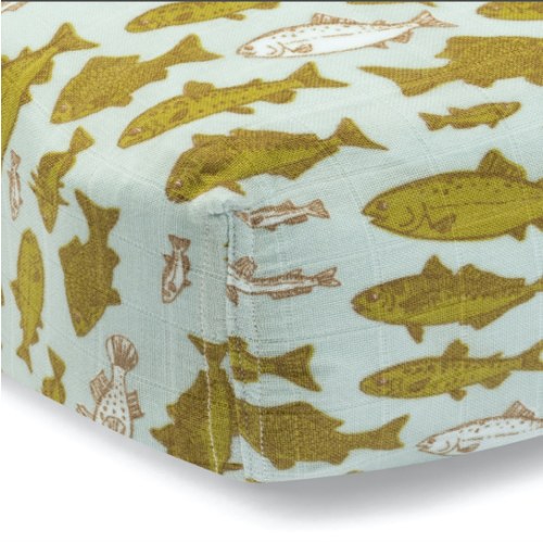 Blue Fish Bamboo Muslin Fitted Crib Sheet | Milkbarn Kids® | Baby Blankets & Crib Sheets