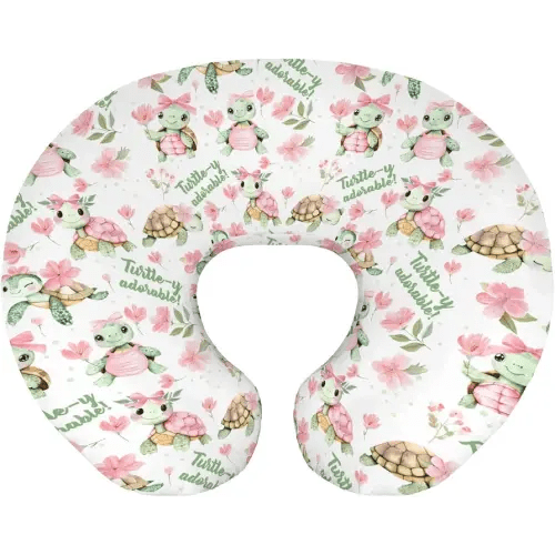 Baby Girls Nursing Pillow Cover Sea Turtle Pink Green Floral, Turtley Adorable Flower Breastfeeding Pillowcase, Bottle Feeding Pillow Slipcover Shower Gift Cover Only