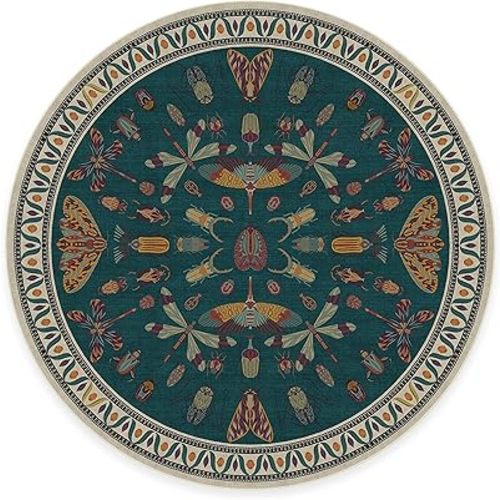 Ruggable Washable 6 ft Round Rug, Flutterby Teal, Premium Modern Rugs for Living Room, Bedroom, Kitchen, Office, Classroom with Gripper Non Slip Pad, Iris Apfel
