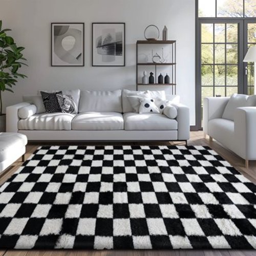 Pentantan 5ft x 8ft Shag Area Rugs for Living Room, Classic Checkered Fluffy Bedroom Carpet, Black & White
