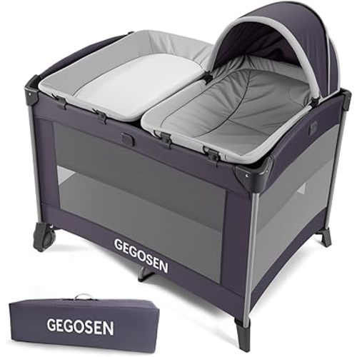 Portable Baby Playard 4 in 1 Design, Foldable Baby Playpen with Removable Bassinet, Canopy and Changing Table, Infant Playrad, Nursery Center Travel Crib