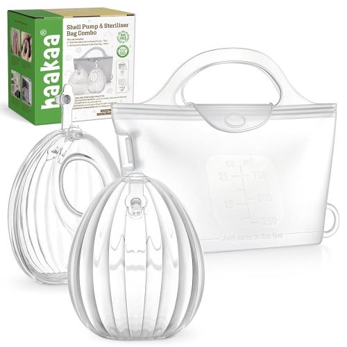 haakaa Wearable Silicone Breast Pump with Steriliser Bag, 2-in-1 Hands-Free Passive Breast Milk Catcher for Nursing Mom, Breastfeeding Essentials, 2-Pack 75ml Pumps & 1 Steriliser Bag, Frosted