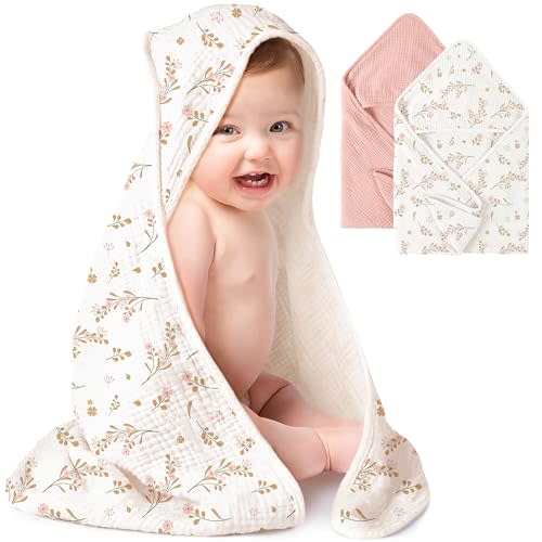 Konssy 2-Pack Muslin Hooded Baby Towels, 100% Cotton, Ultra-Soft & Absorbent Baby Bath Towels with Hood for Newborn & Infant (Pink, Floral,30" x 30")