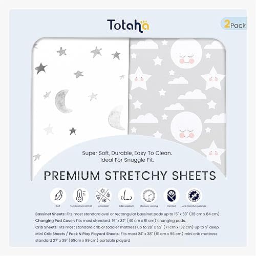 TotAha Premium Stretchy Crib Sheets (2-Pack)-Hypoallergenic, Silky Comfort, Buttery Soft, Calming Effect, All-Season Jersey-Knit Sheets, 9'' Extra Deep Pocket, Moon & Grey Sky