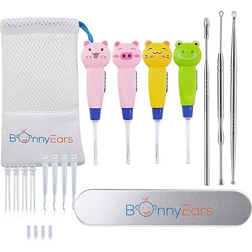Ear Wax Removal Tool with Led Light for Kids - Toddlers, Infants, Baby and Adult by BonnyEars | Stainless Steel Earwax Remover Kit | Ear Pick Spoon Curette Tweezers Cleaning