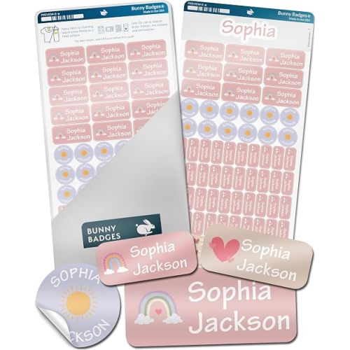 Bunny Badges Personalized Daycare Name Labels for Kids (130 Labels) - Custom Waterproof Name Stickers for Clothing Tags, Water Bottles, Lunch Boxes and School Supplies (Daydream)