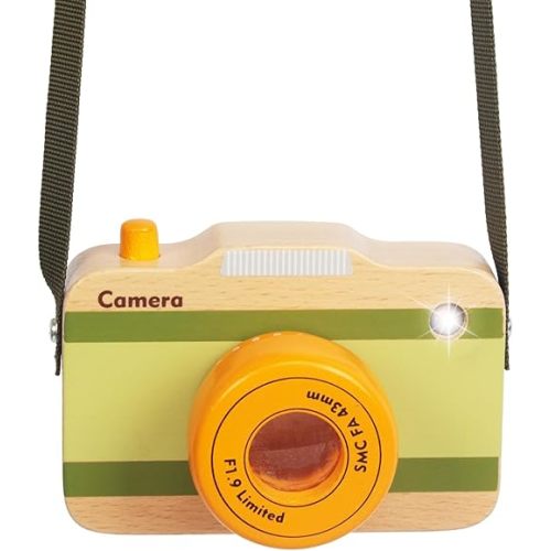 Wooden Mini Pretend Camera Toy with Real Sounds and Light for Toddlers 1 2 3 Years Old, Neck Hanging Photographed Props for Boys Girls Children Kids