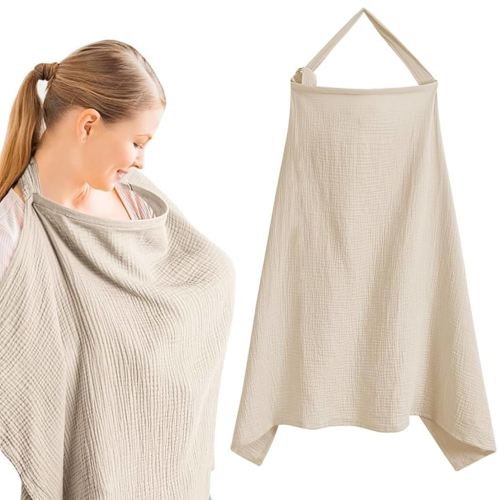 Muslin Nursing Cover for Breastfeeding, Soft&Breathable Cotton Breastfeeding Cover for Women,Privacy Nursing Covers with Arch Neckline Adjustable Hoop for Mother Nursing Apron(khaki)