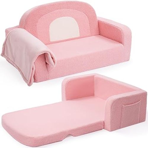 Extra Wide Kids Couch, 2-in-1 Soft Toddler Couch with Blanket, Comfy Toddler Chair, Convertible Sofa to Lounger with Cute Rainbow Design, Pink
