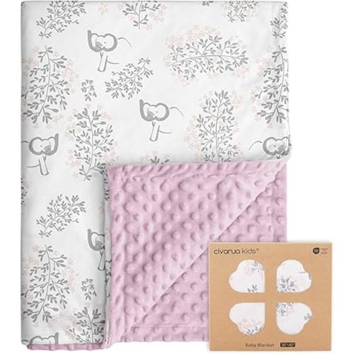 Baby Blankets for Girls Soft Plush Nursery Minky Blanket Neutral with Print Pink Forest Elephant and Cozy Raised Dotted Fleece Backing, 30 x 40 Inch Double Layer Bed Throws
