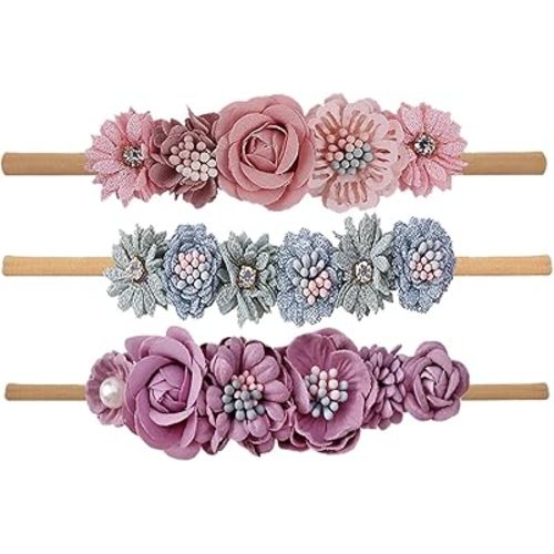 3PCS Flower Headbands Set Elastic Bow Hair Band Pack