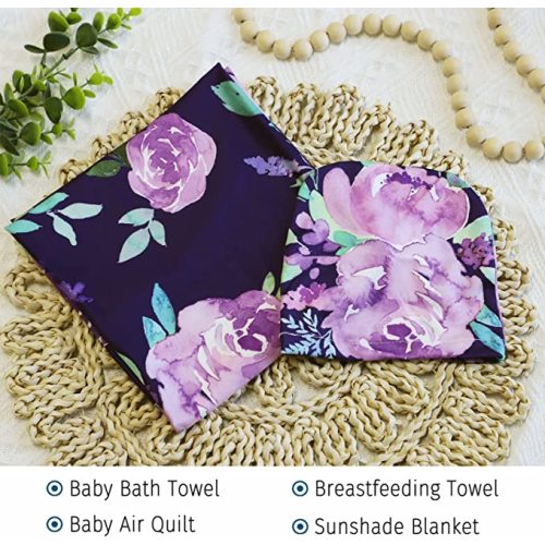Newborn Swaddle Blanket with Beanie Set,Soft Stretchy Blanket for 0-3 Months Baby Boys and Girls(Purple Flower)