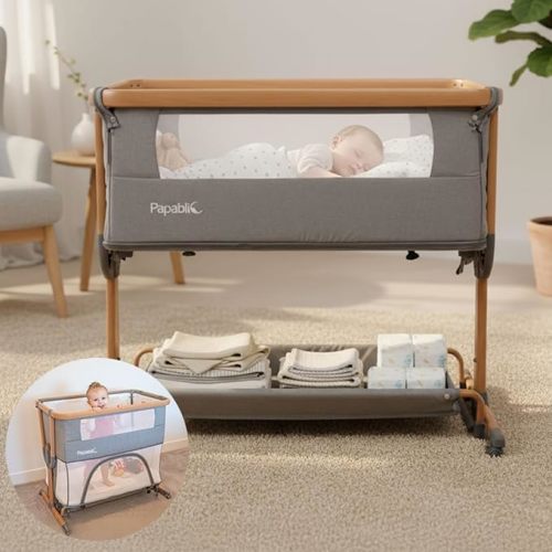 Papablic 4 in 1 Baby Bassinet, Bedside Bassinet for Baby, Adjustable Rocking Bassinet Bedside Sleeper with Soft Mattress & Storage Basket, Easy to Assemble
