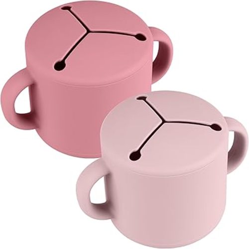 Silicone Snack Cups, Silicone Snack Containers Toddlers - Pack of 2 Food Grade Silicone Snack Cups with Grip Handle (Blush/Mauve)
