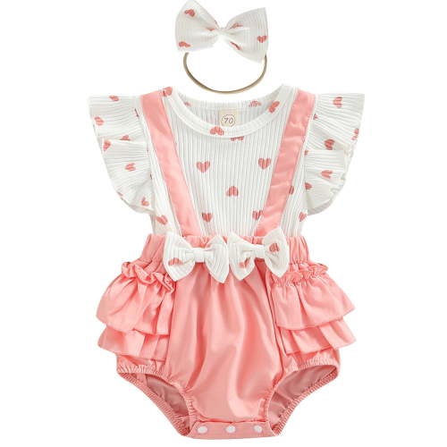 Infant Baby Girls Summer Romper Pink Heart Fake Two Pieces Romper and Bow Knot Headdress Clothes