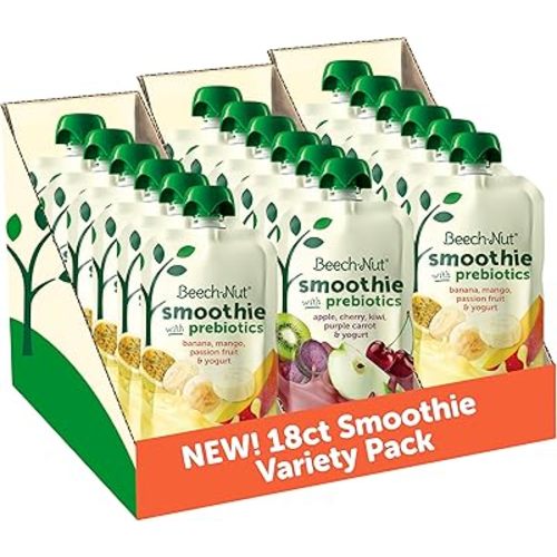 Beech-Nut Toddler Smoothies Variety Pack, Yogurt Smoothies with Prebiotics, Baby & Toddler Food Pouches, 3.5 oz (18 Pack)