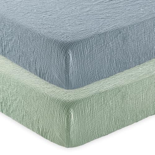 david's kids Muslin Crib Sheets for Boys Girls, 2 Pack 100% Cotton Soft Breathable Fitted Baby Sheet Set, 28x52 Inch Fits Standard Crib and Toddler Mattresses, Sage Green & Dusty Blue