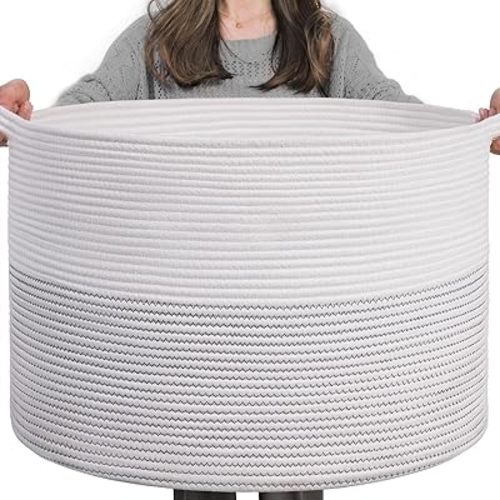 INDRESSME XXXLarge Blanket Basket 21.7" x 21.7" x 13.8" Woven Storage Basket Soft Cotton Rope Toy Baskets Storage Kids Decorative Laundry Basket for Home, Perfect for Living Room, White & Black Stitch