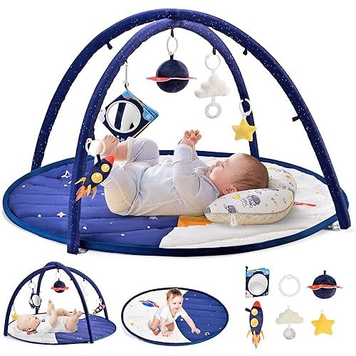 2PM SPORTS Space Theme Baby Play Mat, Tummy Time Mat, Baby Play Gyms & Playmats for 0-3 0-6 0-12 3-6 6-12 Months, Activity Mat 5 Detachable Toys, Newborn Infant Baby Boy Essentials Shower Gift