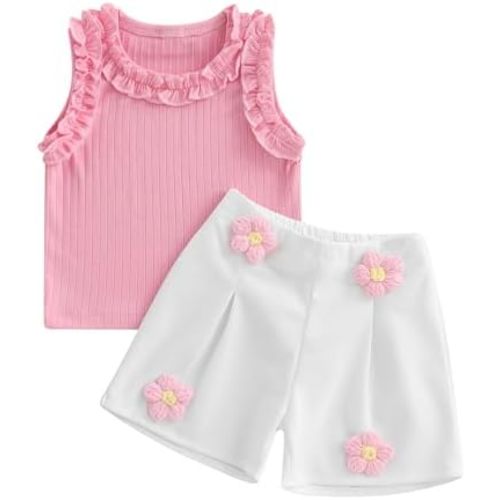 Toddler Infant Baby Girl Summer Outfit Sleeveless Ruffle Tops 3D Crochet Flower Pants 2Pcs Shorts Set 6 18 24M 2 3T