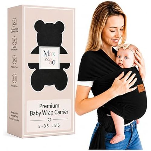 Baby Wrap Carrier - Breathable Cotton Newborn to Toddler Carrier 8-35 lb - Secure Postpartum Baby Holder with Front Pocket by Max&So (Black)