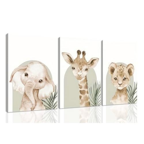 HNNXAR Nursery Canvas Wall Art Set Of 3 Baby Boy Girls Kids Room Picture Wall Decor Jungle Safari Lion Elephant Giraffe Poster Painting Cute Animal Prints For Children Toddlers Bedroom 12x16 Framed