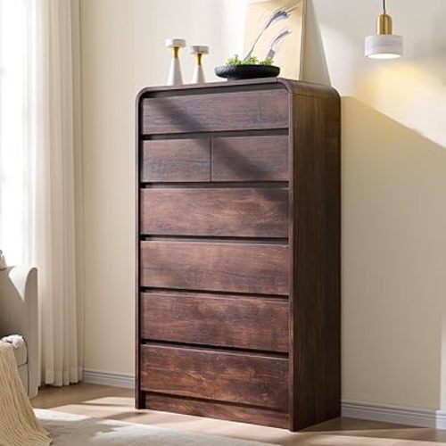 Aitjunz Modern 7 Drawers Dresser for Bedroom, 55" Tall Dressers & Chest of Drawers w/Curved Profile Design, Wood Mid Century Vertical Storage Dressers Organizer for Bedroom, Living Room, Brown