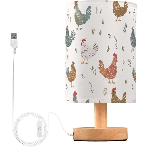 Cute&Simple Deigned Chicken Hen Bedside Table Lamps with USB Port for Bedroom Lamp Accent Table Lamp Small Nightstand Lamp Sturdy Linen Shade Wooden Base Decorative Lamps for Kids|Reading|Dorm|Home