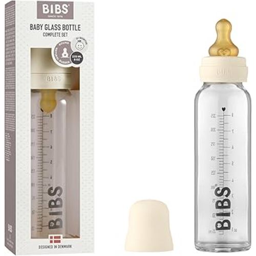 BIBS Baby Glass Bottle Complete Set 225 ml | BPA Free Natural Rubber | Made in Denmark | Ivory
