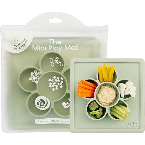ezpz Mini Play Mat for Baby + Toddler - 6 Months+ (Sage) - Suction Plate with Flower Compartments for Crafts, Painting, Sorting, Snack Time - Promotes Pincer Grip