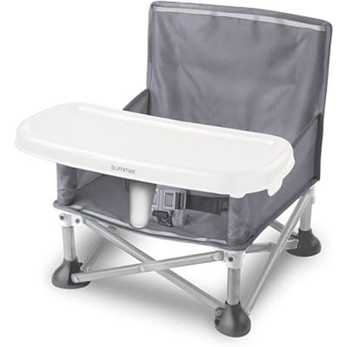 Summer by Bright Starts Pop 'N Sit Portable Booster Chair, Floor Seat, Indoor/Outdoor Use, Compact Fold, Grey, 6 Mos - 3 Yrs