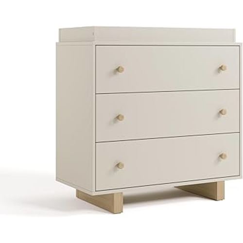Storkcraft Texas 3 Drawer Chest with Removable Changing Table Topper (Frosted Oat/Driftwood) – GREENGUARD Gold Certified Baby Dresser, Interlocking Drawer System for Nursery & Kids’ Bedroom Dresser