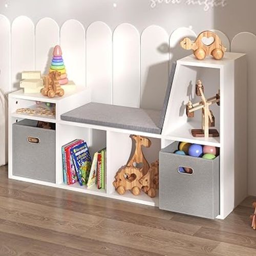 NACHES Reading Nook for Kids Children Bookcase with Soft Cushion, Toddler Toy Storage Organizer with Cloth Drawer for Playroom,Bedroom,Nursery, (White with Cloth Drawer)