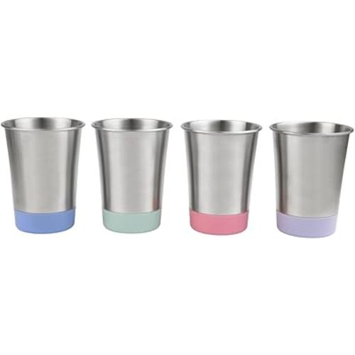 Elk and Friends Stainless Steel Kids + Toddler Drinking Cups | 12oz Tumblers with Colored Base | Durable + Stackable | Travel, Camping + Outdoors | Dishwasher Safe | 4 Pack