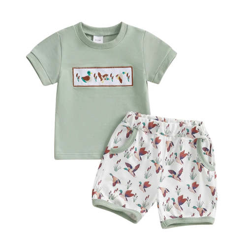 Baby Toddler Boys 2Pcs Summer Outfit Duck Embroidery Short Sleeve Top – August + Willow
