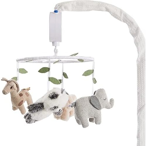 Levtex Baby - Mozambique Musical Rotating Baby Crib Mobile - Plush Giraffe, Panda, Lion and Elephant - Grey, Taupe, Cream, Whie and Green - Nursery Accessories