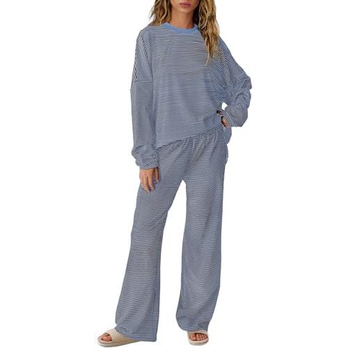 SENSERISE Womens Striped Lounge Set 2 Piece Outfits Fall Matching Pajama Sets Long Sleeve Striped Shirt Wide Leg Pants