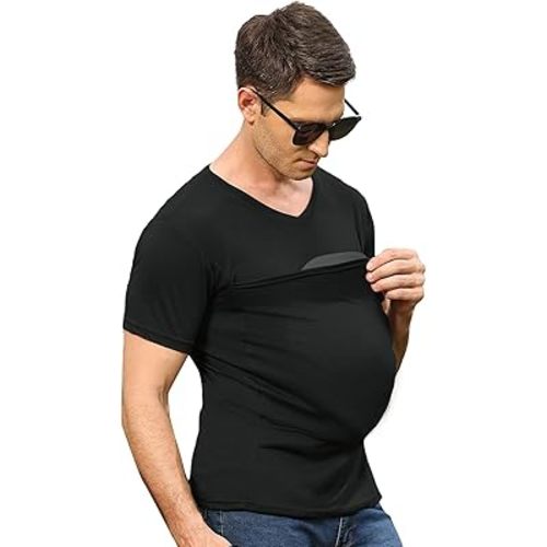 Mens Baby Carrier Shirt V Neck Short Sleeve T-Shirts for Men Skin to Skin T-Shirt with Pocket