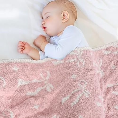 Pink Bow Baby Blanket – Cozy Knitted Bow Throw for Baby Girls, Nursery Décor, & Newborn Gifts – Ultra-Soft, 30x40 Inch