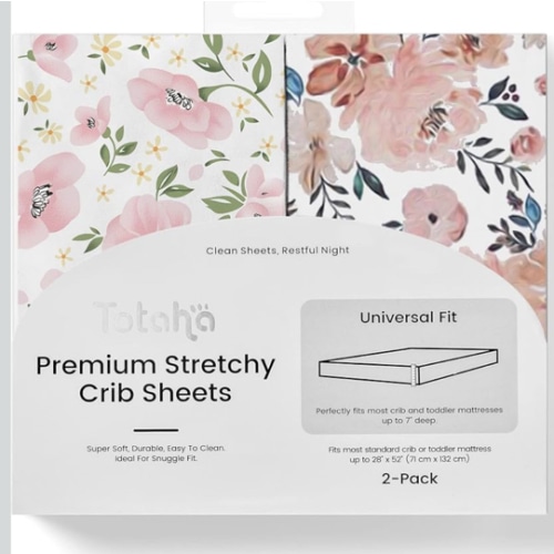 TotAha Premium Stretchy Crib Sheets (2-Pack)-Hypoallergenic, Silky Comfort, Buttery Soft, Calming Effect, All-Season Jersey-Knit Sheets, 9'' Extra Deep Pocket(Meredith Allover Floral & Pale Pink)