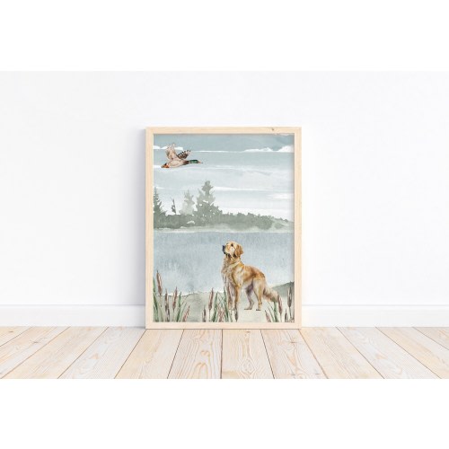 Watercolor Duck Hunting Golden Retriever Nursery Mallard Duck Unframed Print Rustic Outdoor Hunter Themed Decor