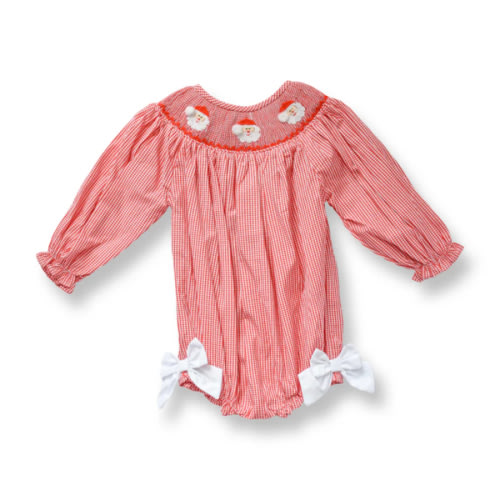 PRE-ORDER Girls Red Gingham Santa Smocked Bubble