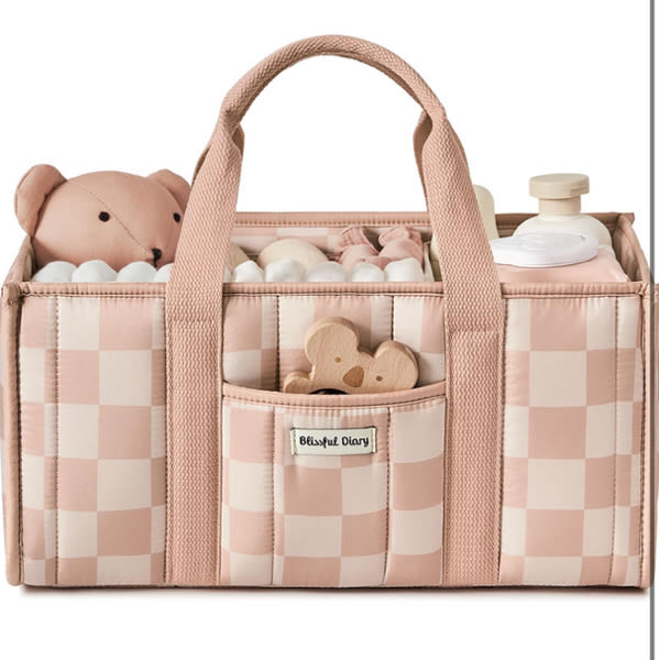 Blissful Diary Checkered Diaper Caddy Organizer, Stylish Nursery Storage Basket, Gift for Baby Shower, Newborn Essentials, Registry Search Must Haves, Pink