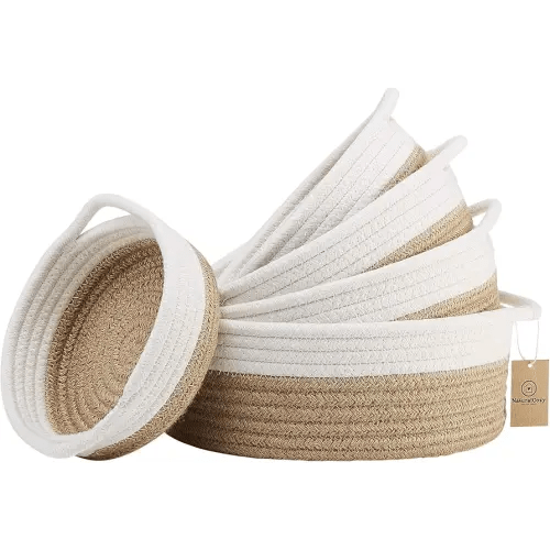 NaturalCozy 5-Piece Round Small Woven Baskets Set– Cotton Rope Baskets for Organizing! Montessori Toys, Fruits Remotes Key Tray Bowl for Entryway Desk, Shallow Catchall Home Décor, Cat Dog Bin Gift
