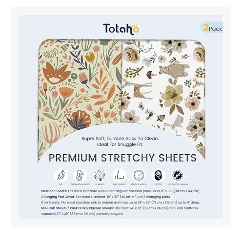 TotAha Premium Soft Bassinet Sheet for Boy Girl, Super Stretchy Jersey Knit Bassinet Fitted Sheet, Compatible with Halo, Maxi COSI, Mika Micky, SNOO, Baby Delight Mattress, 2 Pack