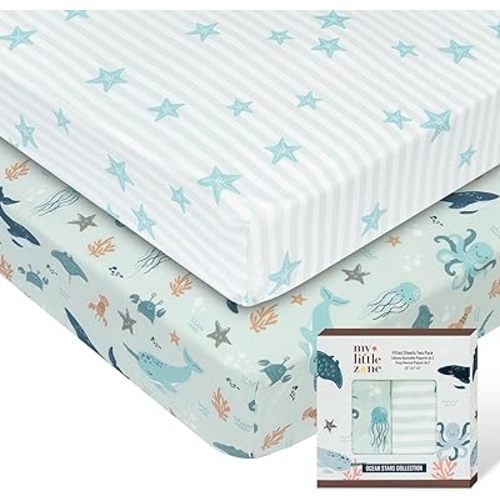 100% Cotton Crib Sheets for Baby Boys and Girls, Ocean Crib Sheets - Ocean Stars, Teal-White, 2 Pack Nautical Crib Sheets, Ocean Nursery Decor