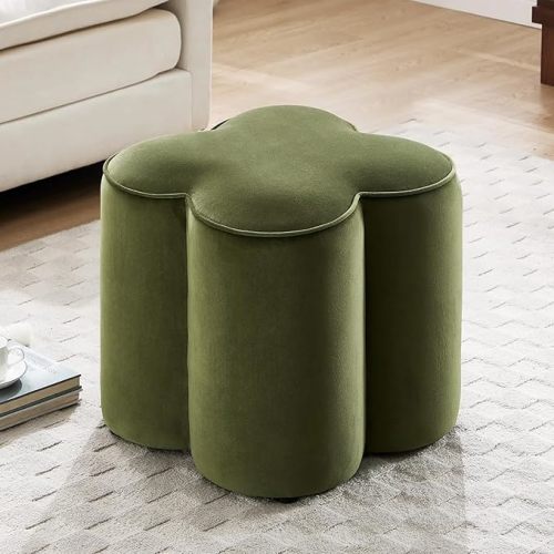 Zesthouse Flower Pouf Ottoman Foot Rest, Velvet Fabric Poofy Ottoman Footstool for Couch, Modern Living Room Stool Seat, Cute Square Vanity Stool for Bedroom Dorm, Green
